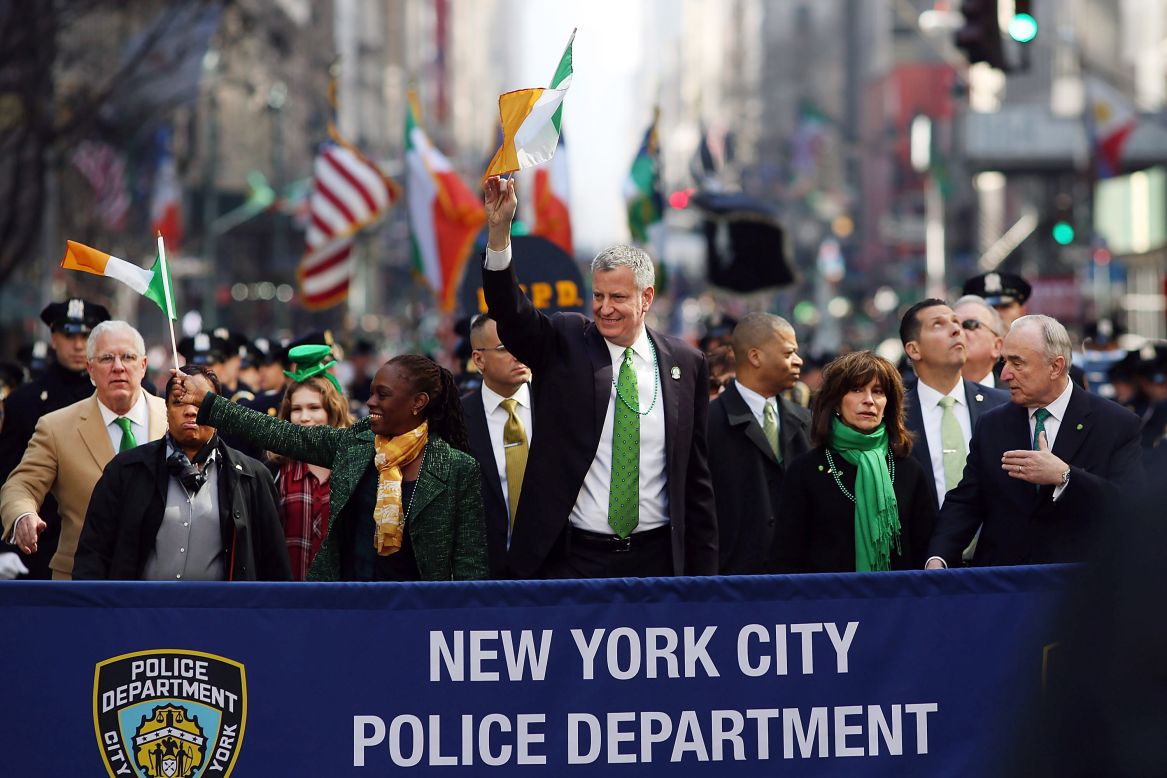 New York Mayor Bill de Blasio and his wife, Chirlane McCray, march in the city's annual parade.