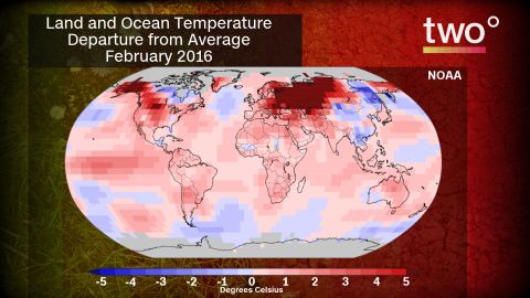 Temperature departures from normal for the month of February 2016