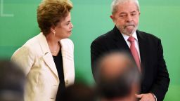 Former Brazilian president Luiz Inacio Lula da Silva (R) and Brazilian president Dilma Rousseff attend Lula's swear in ceremony as chief of staff, in Brasilia on March 17, 2016. Rousseff appointed Lula da Silva as her chief of staff hoping that his political prowess can save her administration. The president is battling an impeachment attempt, a deep recession, and the fallout of an explosive corruption scandal at state oil giant Petrobras. AFP PHOTO/EVARISTO SA
EVARISTO SA / AFP / AFP / EVARISTO SA        (Photo credit should read EVARISTO SA/AFP/Getty Images)