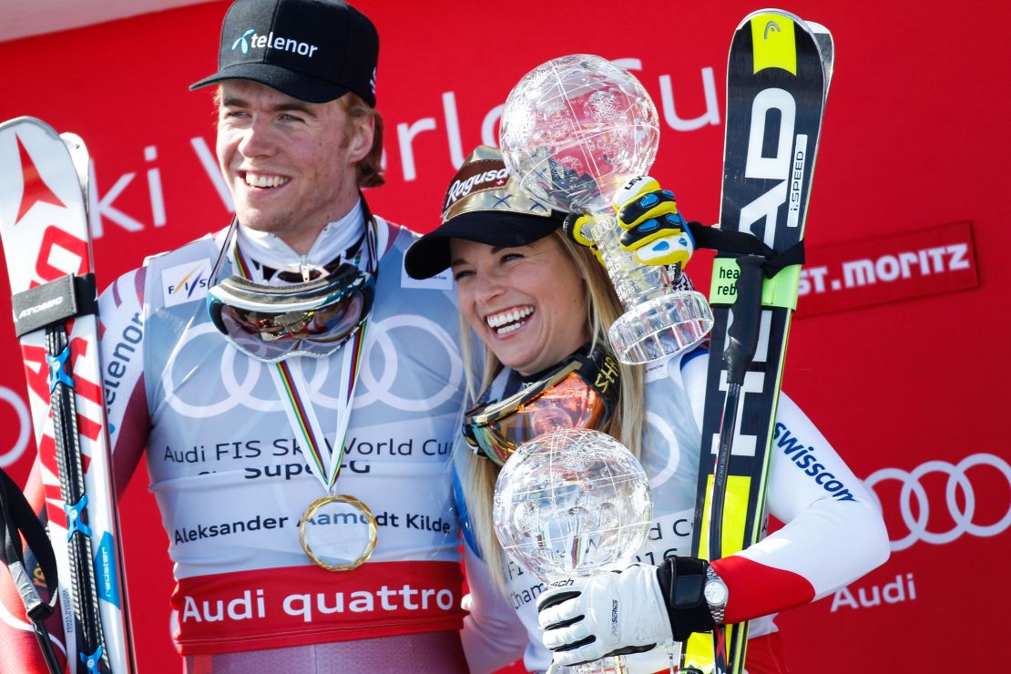 Kilde (left) and Gut celebrate their super-G successes in St. Moritz.  