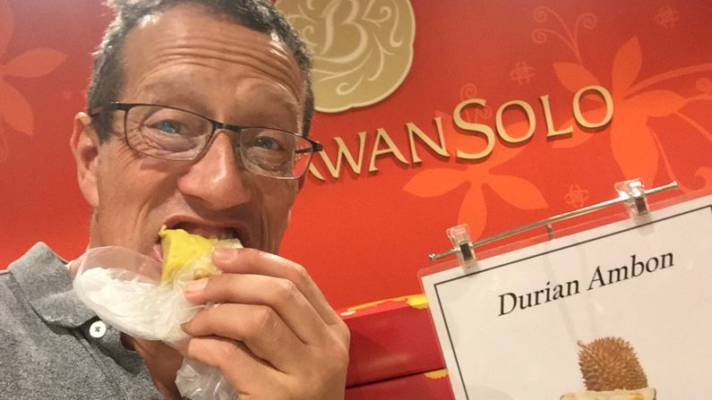 In Malaysia he tries durian, the notoriously stinky southeast Asian fruit. <a href="index.php?page=&url=https%3A%2F%2Ftwitter.com%2Frichardquest%2Fstatus%2F710087138591649792" target="_blank" target="_blank">"Smell is awful and taste not much better," </a>is the Quest verdict 