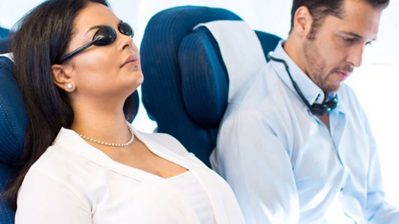 These odd-looking eye shades claim to help aid sleep in airplane by blocking out all daylight. 