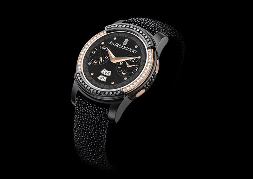 The Samsung Gear S2 by de GRISOGONO the former's technology with the latter's fine jewelery expertise. The watch features over 100 black and white diamonds, and allows the wearer to access apps, notifications, and activity trackers. 