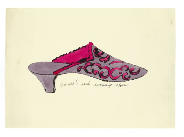 On March 22, Sotheby's London is selling a portfolio of shoe illustrations by Andy Warhol, each of which has an irreverent name -- like <em>Sunset and evening shoe</em> seen here. 