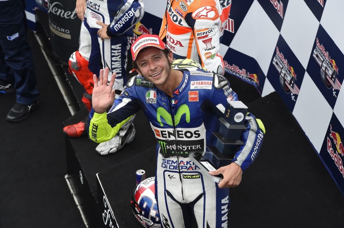Valentino Rossi plays to the cameras at the Indianapolis Grand Prix 