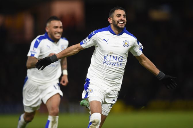 Riyad Mahrez of Leicester City celebrates scoring his 16th league goal to power his team past Watford at Vicarage Road. The Foxes are now eight points clear in the Premiership title race.  