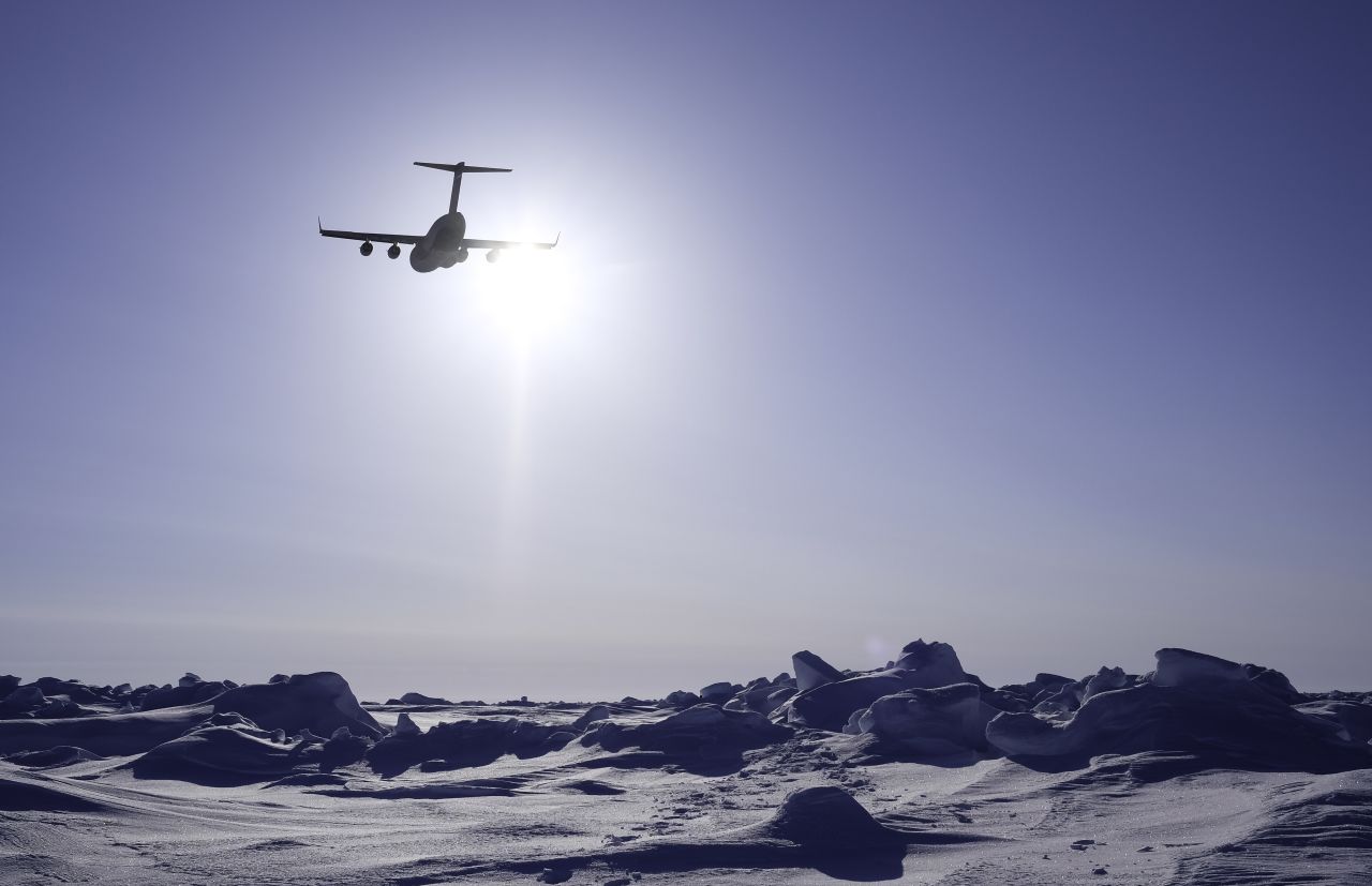 An Air Force C-17 Globemaster III assigned to 29th Airlift Squadron drops an Arctic Sustainment Package as part of training during ICEX 2016.