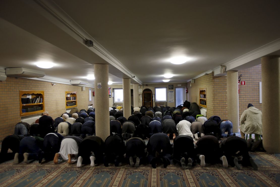 Members of Molenbeek's Muslim community attend Friday prayers at Attadamoun Mosque.