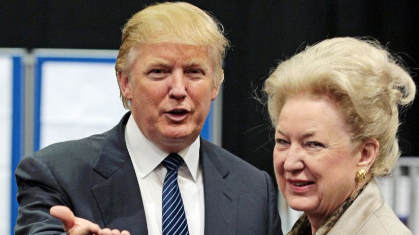 US property tycoon Donald Trump (L) is pictured with his sister Maryanne Trump Barry as they adjourn for lunch during a public inquiry over his plans to build a golf resort near Aberdeen, at the Aberdeen Exhibition & Conference centre, Scotland, on June 10, 2008. Trump wants to build a giant complex on the Scottish east coast near Aberdeen, but has run into opposition from environmentalists and a local farmer who refuses to budge. The Scottish government has called for a full public inquiry into the plans. AFP PHOTO/Ed Jones (Photo credit should read ED Jones/AFP/Getty Images)