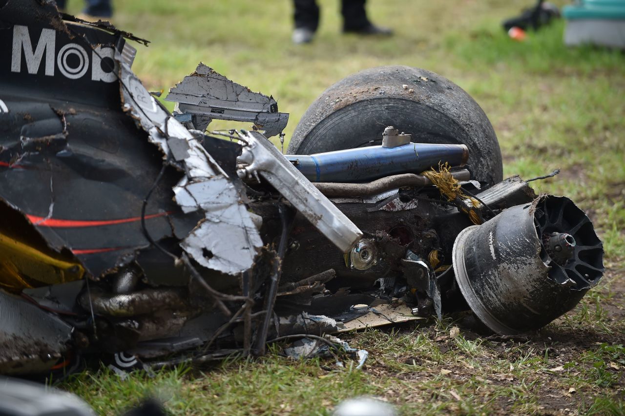The wreckage of the car betrays the speed and ferocity of the crash from which Alonso escaped.