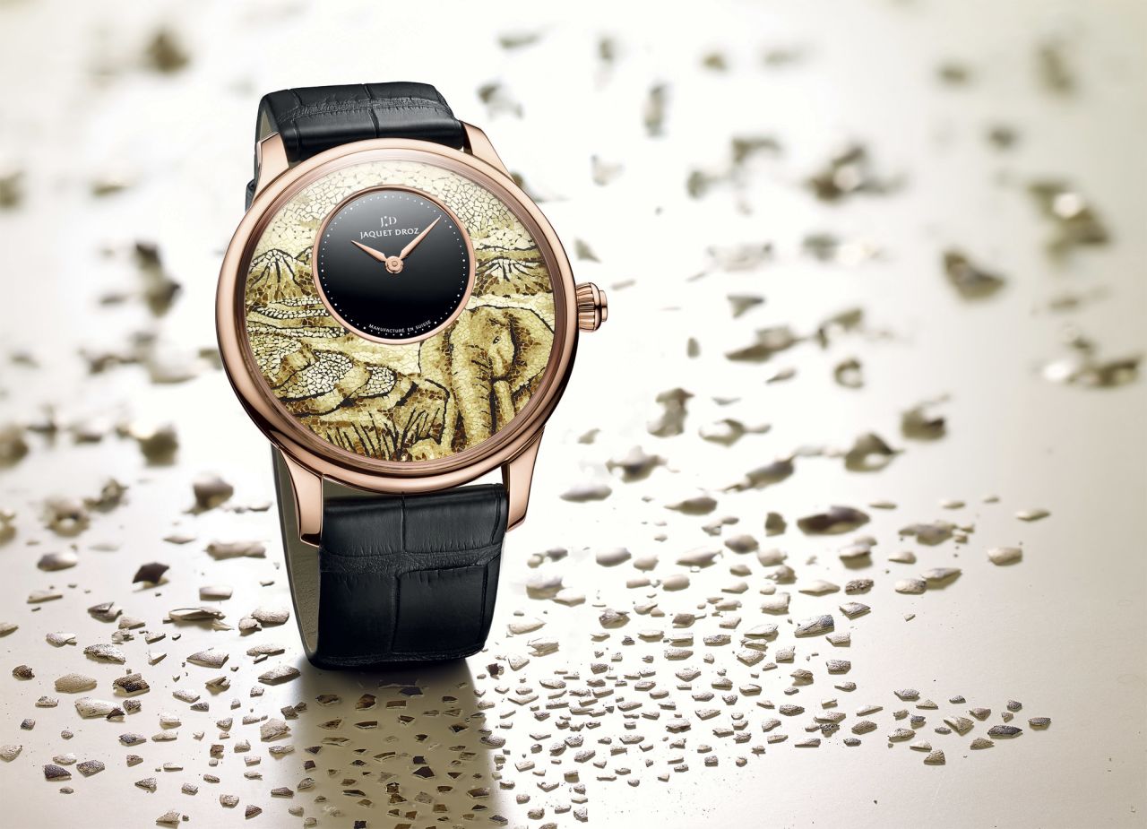 Jaquet Droz has created the Petite Heure Minute Marquetry, in which the mosaic dial is made from hundreds of tiny pieces of quails egg shells. Part of their  Ateliers d'Art collection this technical design was inspired by an ancestral Asian technique.