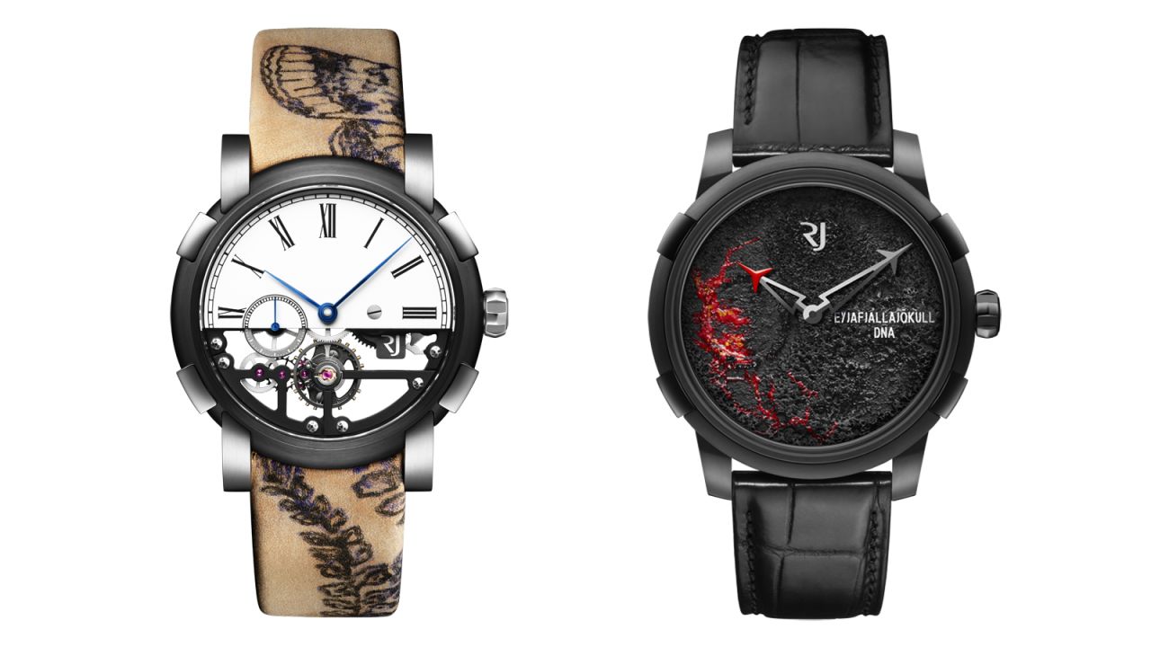 A lava stone dial and tattooed straps are examples of modern designs from Romaine Jerome.
