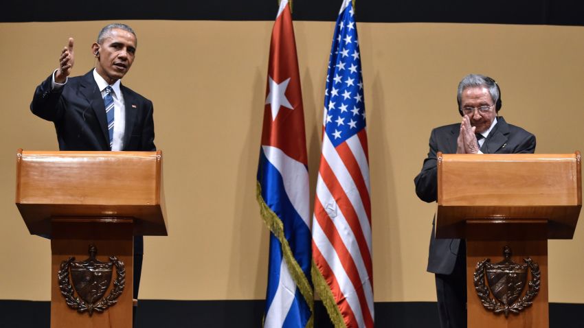 US President Barack Obama (L) and Cuban President Raul Castro give a joint press conference at the Revolution Palace in Havana on March 21, 2016. Cuba's Communist President Raul Castro on Monday stood next to Barack Obama and hailed his opposition to a long-standing economic "blockade," but said it would need to end before ties are fully normalized.   AFP PHOTO/Nicholas KAMM / AFP / NICHOLAS KAMM        (Photo credit should read NICHOLAS KAMM/AFP/Getty Images)