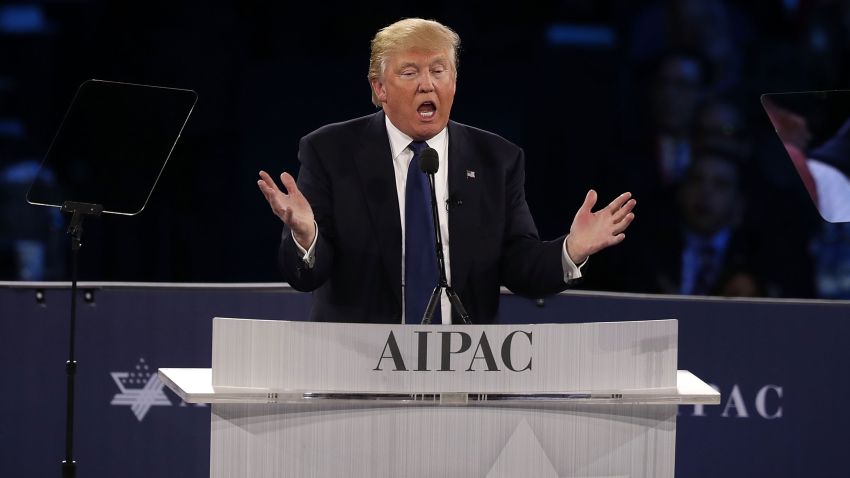 Republican presidential candidate Donald Trump addresses the annual policy conference of the American Israel Public Affairs Committee (AIPAC) March 21, 2016 in Washington, DC.