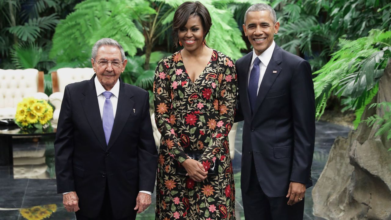 The Obamas pose with Castro before a state dinner in Havana on Monday, March 21.