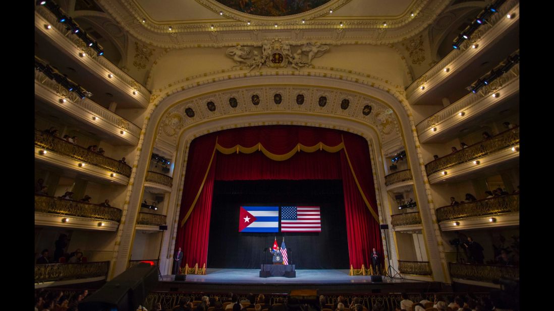 Obama waves to the crowd before delivering his speech at the Grand Theater in Havana on March 22. In his speech, Obama urged Cubans to look to the future with hope, casting his historic visit as a moment to "bury the last remnants of the Cold War in the Americas."