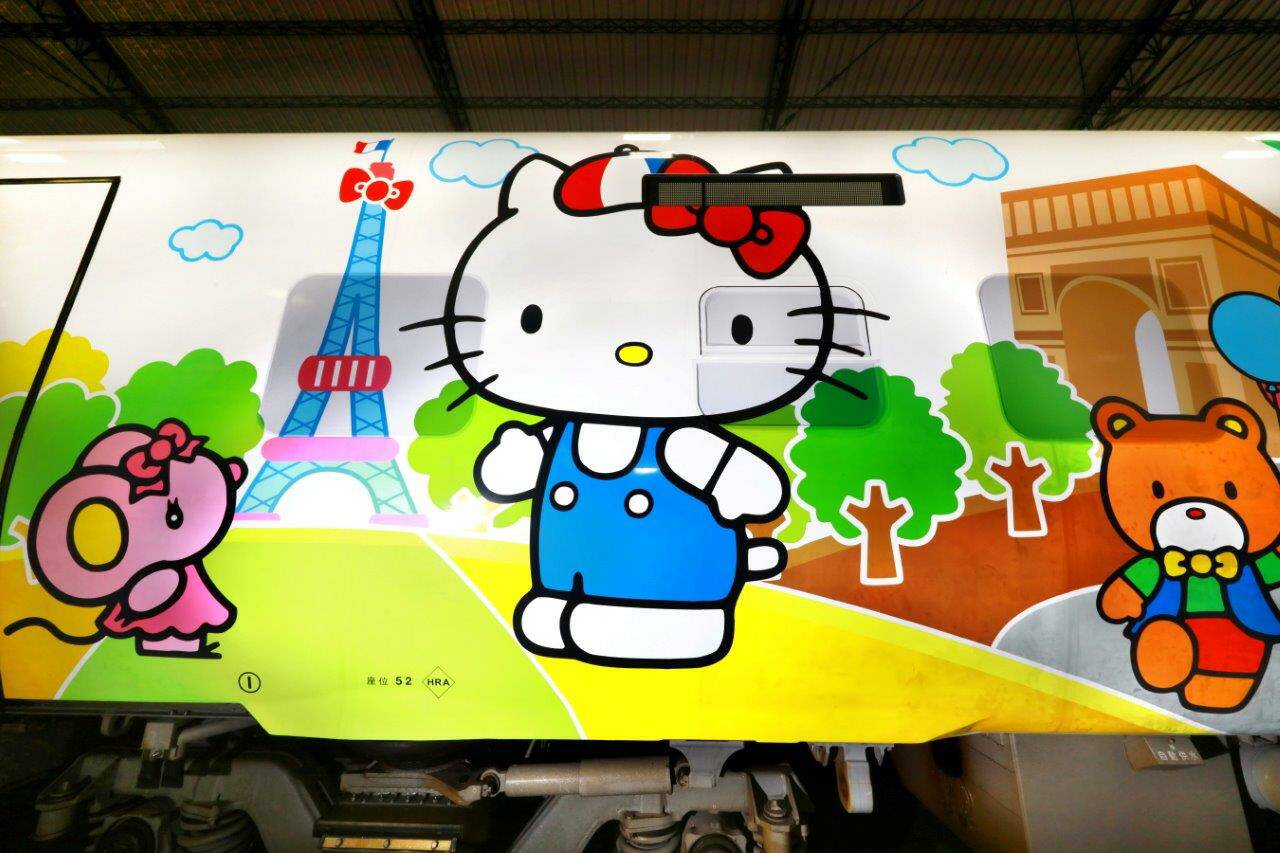 The train's Europe car includes depictions of ultimate Kitty-selfie backdrops.