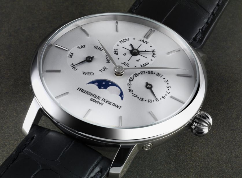 Another complicated watch created in steel is the Frédérique Constant Slimline Perpetual Calendar. Though the (just under) $10,000 price tag may seem steep, in the horological world it's impressively modest, given that it's almost half the price of the next most affordable perpetual calendar model. 