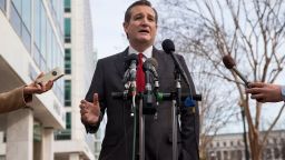 Republican presidential candidate, Sen. Ted Cruz, R-Texas speaks to the media about events in Brussels, Tuesday, March 22, 2016, near the Capitol in Washington. Cruz said he would use the "full force and fury" of the U.S. military to defeat the Islamic State group.  (AP Photo/Jacquelyn Martin)