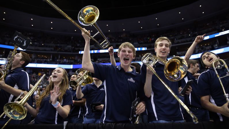 The Gonzaga University band shouts during the second half of an NCAA Tournament game in Denver on Saturday, March 19. Gonzaga is one of the 16 teams remaining in the men's basketball tournament, which resumes Thursday, March 24.