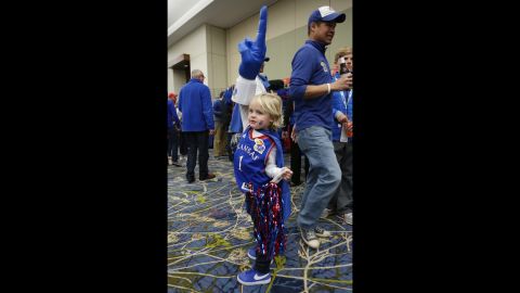 Henry Knapheide, 4, displays his Kansas Jayhawks spirit before the team played in Des Moines, Iowa, on Saturday, March 19.