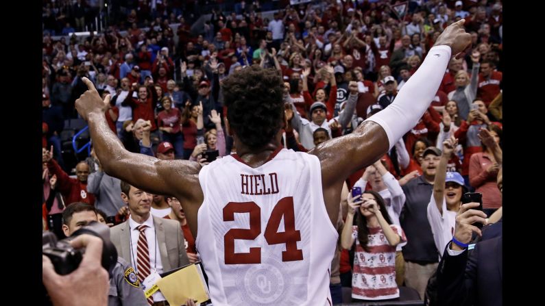 Oklahoma star Buddy Hield celebrates with fans after the second-round victory over VCU on Sunday, March 20.