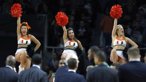 Miami cheerleaders perform during a timeout on Saturday, March 19.