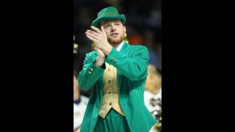 Notre Dame's leprechaun mascot claps during the second-round game against Stephen F. Austin on Sunday, March 20.