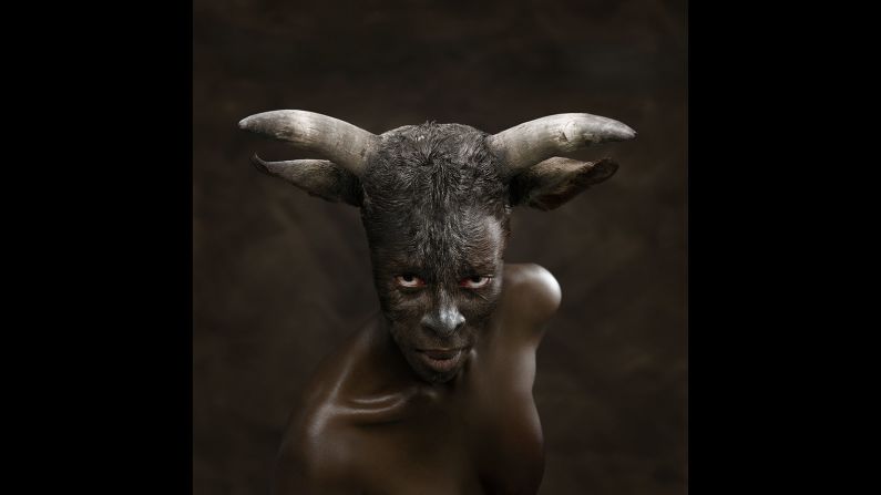 "Europa" (2008) by the South African artist Nandipha Mntambo. The artist experiments with materials like cowhide to create a distinct look which challenges the interpretation and understanding of the thin line between the animal and the human.