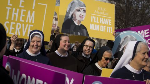 Nuns, who are opposed to the Affordable Care Act's contraception mandate, and other supporters rally outside of the Supreme Court in Washington, D.C., U.S., on Wednesday, March 23, 2016. 