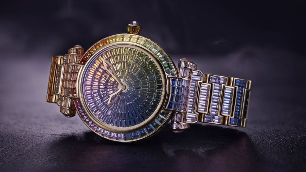 Chopard's new Imperiale Joaillerie is covered with 581 sapphires totalling 47.98 karats, with the crown and lug covers set with amethysts. The result of their arrangement is a rainbow effect of shimmering color. Oh, and it also tells the time. 