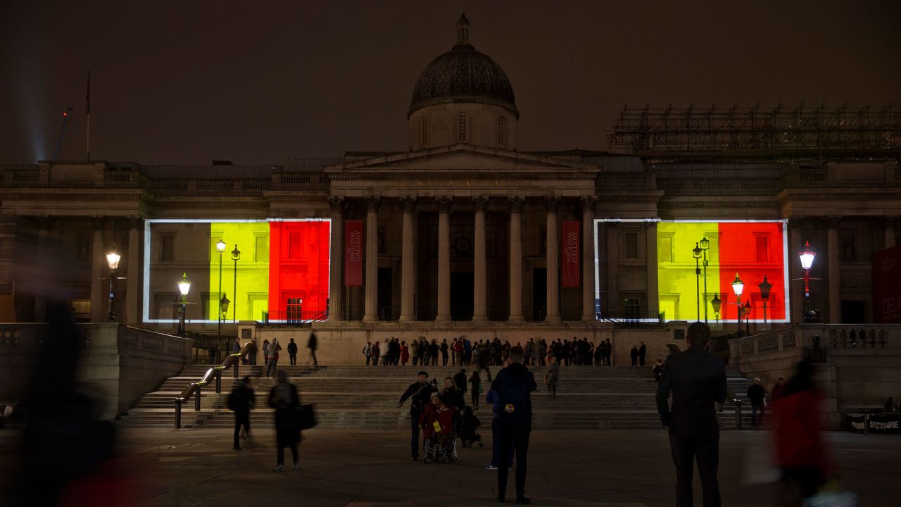 Belgian national flags are projected onto the National Gallery in London's Trafalgar Square on March 23.