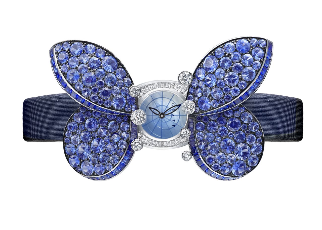 The Princess Butterfly by Graff has wings composed of sapphires and a body made of diamonds, which opens to reveal a 17mm watch with a mother-of-pearl dial.