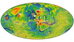 A Martian gravity map showing the Tharsis volcanoes and surrounding flexure. The white areas in the center are higher-gravity regions produced by the massive Tharsis volcanoes, and the surrounding blue areas are lower-gravity regions that may be cracks in the crust (lithosphere).
