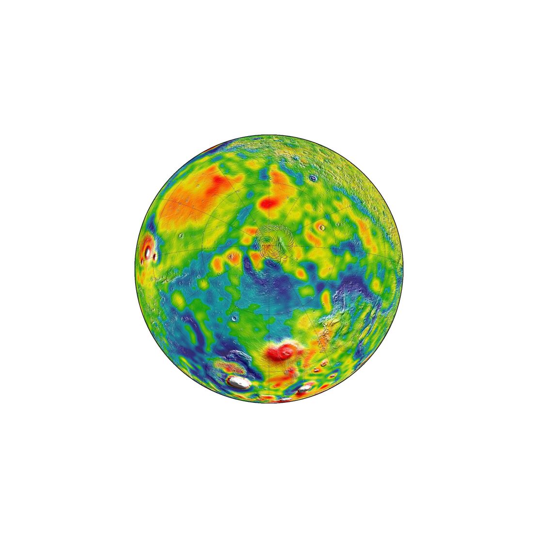 Gravity map of Mars. White and red are areas of higher gravity; blue lower.