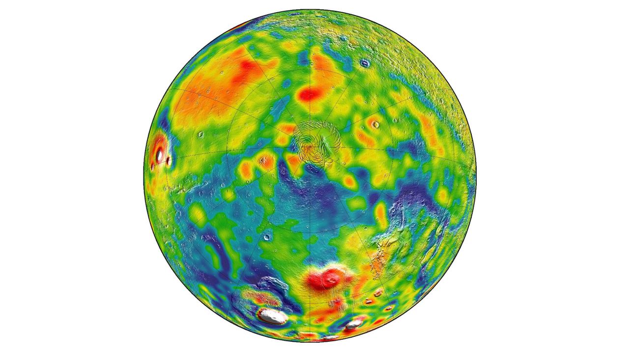 Gravity map of Mars. White and red are areas of higher gravity; blue lower.