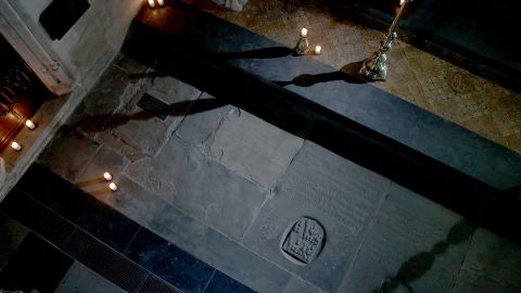 Aerial shot of graves. Shakespeare's grave is noticeably shorter than the others.