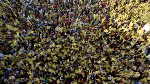 People wave palm fronds during a Palm Sunday Mass in Bulacan, Philippines, on March 20.
