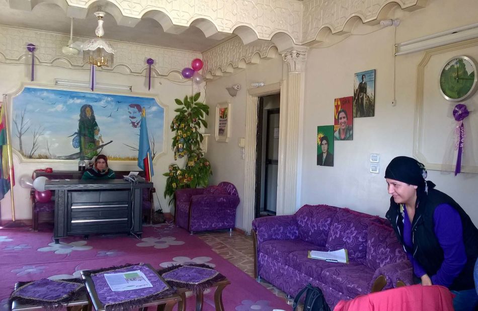 Abdullah Ocalan -- a founder member of PKK, (Kurdistan Workers' Party), pictured on the wall of the House of Women, which deal with violence against women. Ocalan's ideas have been an important factor in the Rojava experiment.