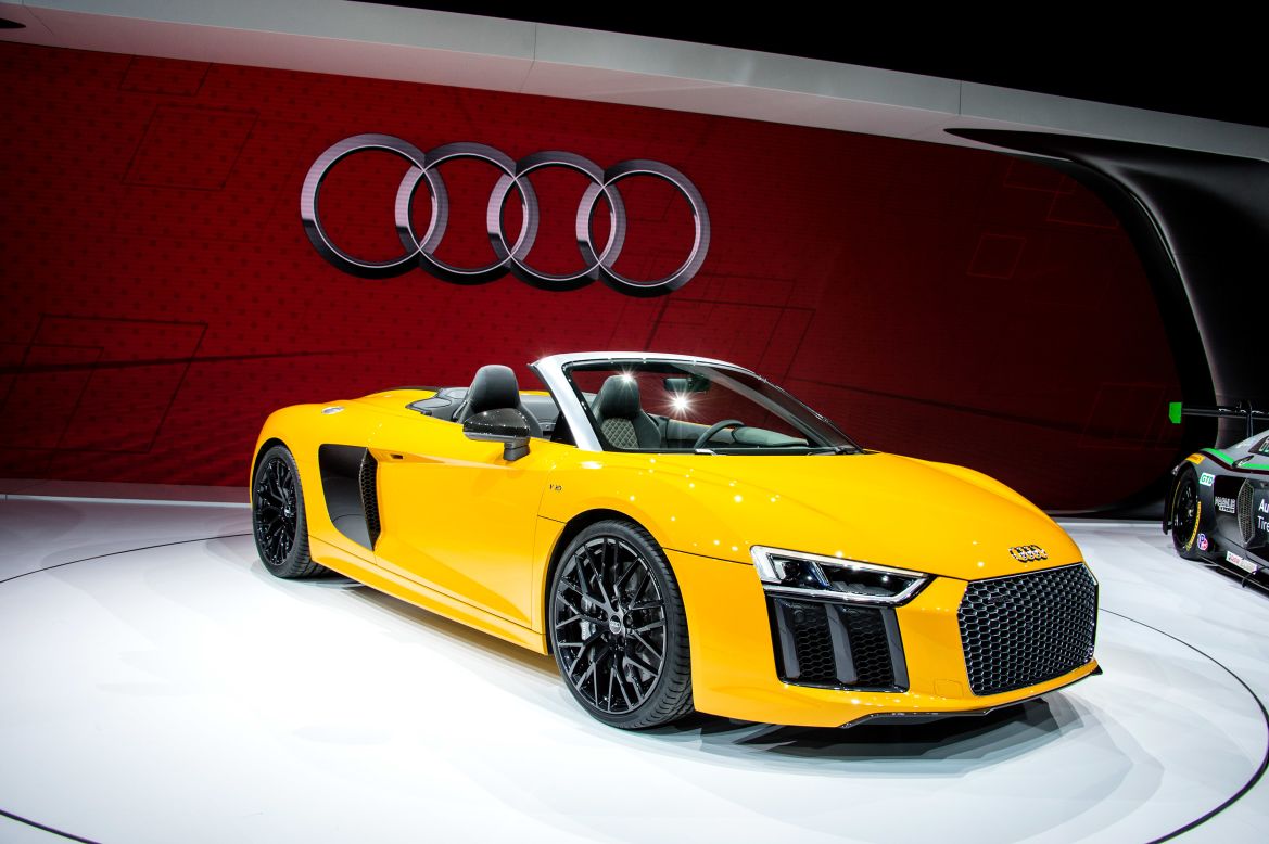 Debuting in striking yellow, the new <a href="https://www.audiusa.com/" target="_blank" target="_blank">Audi</a> R8 Spyder has a 540-horsepower V10 engine capable of launching this car to 60 mph in just 3.6 seconds.<br /><br />It has Audi's new virtual cockpit. The entire gauge cluster area is a big computer screen that can also show, say, navigation maps right in front of the driver.<br /><br />You can also opt for Audi's signature laser lighting system which provides extra bright lighting at night.