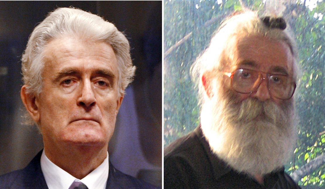 Karadzic pictured at the start of his trial in 2008, left, and in his disguise, right