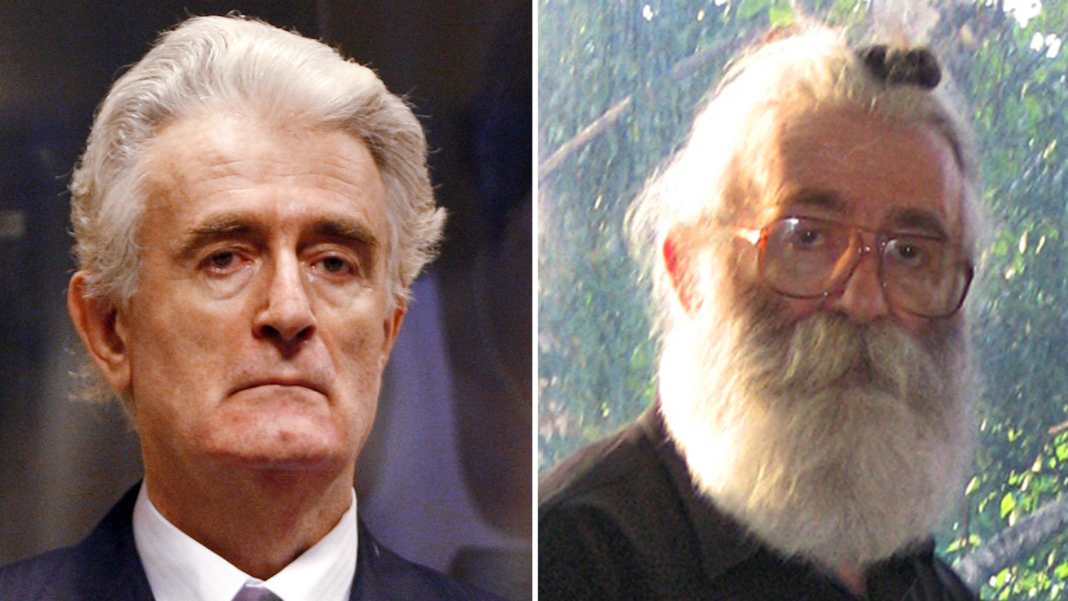 Karadzic pictured at the start of his trial in 2008, left, and in his disguise, right