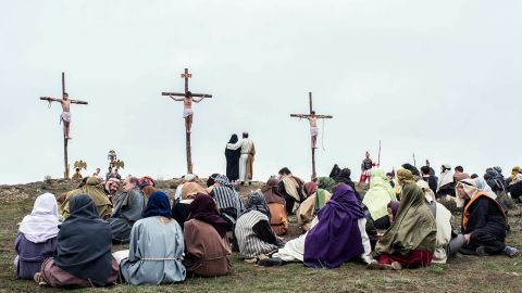 An actor portraying Jesus is crucified as residents of Hiendelaencina, Spain, dress in period clothing to perform a re-enactment of Christ's suffering on March 25. 