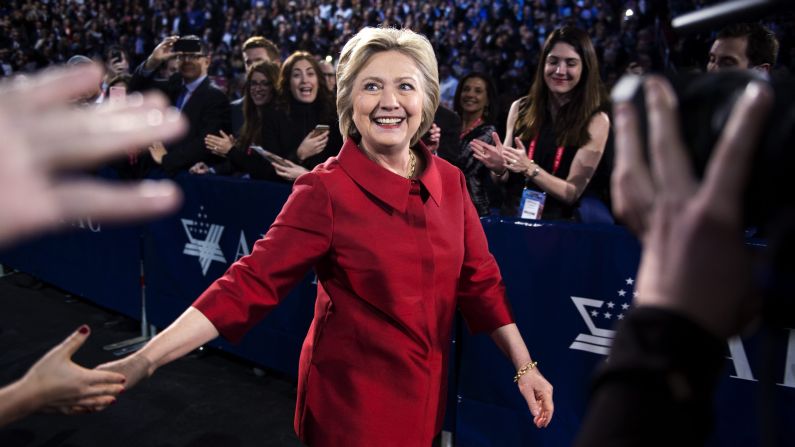 Democratic presidential candidate Hillary Clinton shakes hands with supporters prior to delivering remarks at the American Israel Political Action Committee Policy Conference in Washington on Monday, March 21.