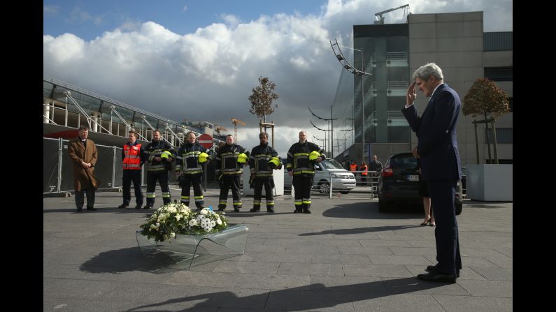 Secretary of State John Kerry participates in wreath-laying ceremony at Brussels Airport in Brussels, Belgium, on Friday, March 25. Kerry paid his respects to victims of terrorist attacks that left more than 30 dead at Brussels Airport.