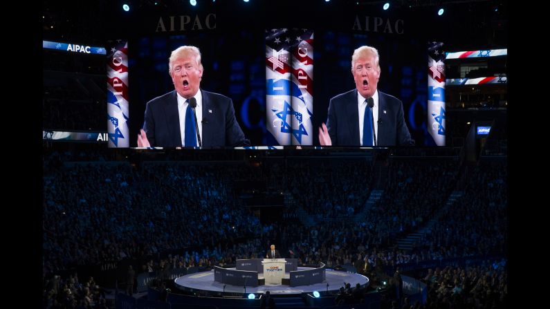 Republican presidential candidate Donald Trump <a  target="_blank">addresses the American Israel Public Affairs Committee,</a> one of the country's largest pro-Israel lobbying groups, during an afternoon session in Washington on Monday, March 21. In his speech, Trump proclaimed that, "the days of treating Israel like a second-class citizen will end on day one" of his presidency.