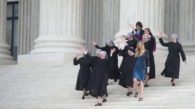 Catholic nuns from the Little Sisters of the Poor walk down the steps of the U.S. Supreme Court on Wednesday, March 23. The group <a  target="_blank">is challenging</a> the government's new health-care regulations. Lawyers for the nuns and other religious nonprofits told the court that the so-called contraceptive mandate forces these groups to either violate their religious beliefs or pay ruinous fines.