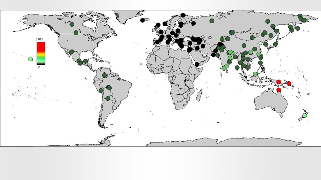 Proportion of the genome inferred to be Denisovan in ancestry in diverse non-Africans. 