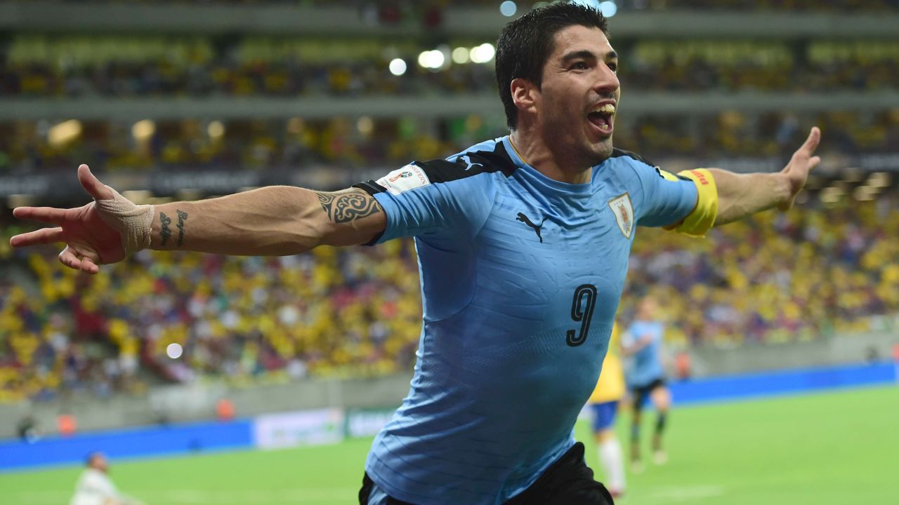 Uruguay's Luis Suarez celebrates after scoring the equalizer against Brazil in the 2-2 draw in Recife.