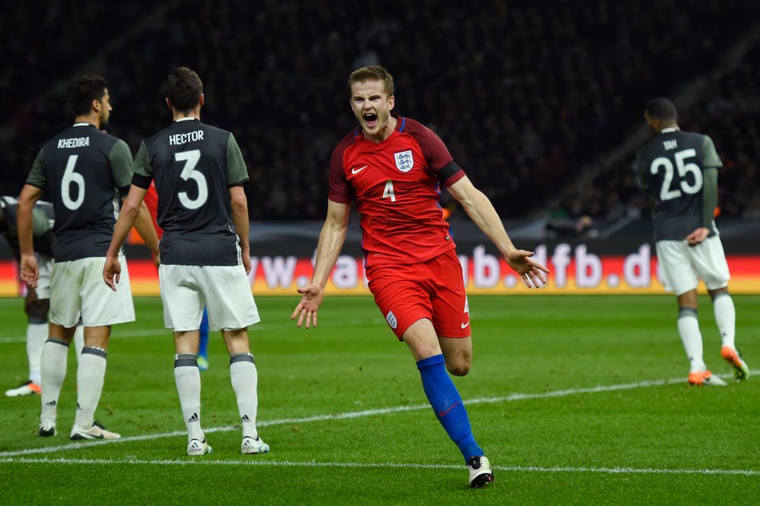 Eric Dier of England celebrates scoring his team's third and wining goal in the international friendly against Germany.  